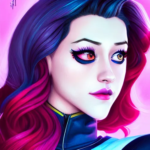 Image similar to a portrait of Lili Reinhart Batgirl comics, red hair, art by lois van baarle and loish and ross tran and rossdraws and sam yang and samdoesarts and artgerm, digital art, highly detailed, intricate, sharp focus, Trending on Artstation HQ, deviantart, unreal engine 5, 4K UHD image