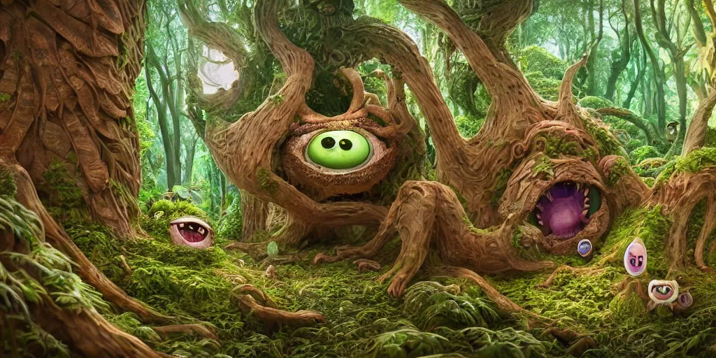 Image similar to of an intricate forest with strange cute friendly happy creatures with huge eyes, mouth, long tongue, round teeth and goofy face, appearing from the background, in the style of gehry and gaudi, macro lens, shallow depth of field, ultra detailed, digital painting, trending artstation, concept art, illustration, cinematic lighting, photorealism, epic, octane render