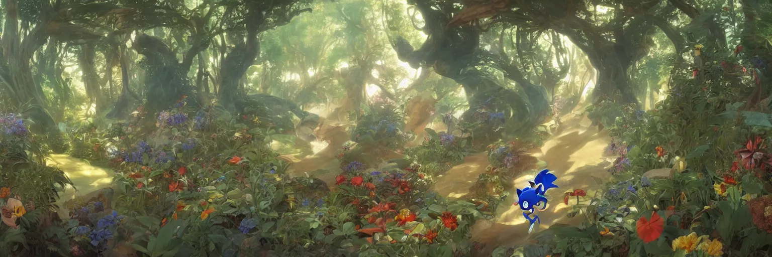 Image similar to A beautiful painting of Sonic the edgedog running through an utopian garden and forest with supertrees by Alfons Maria Mucha and Julie Dillon and Makoto Shinkai