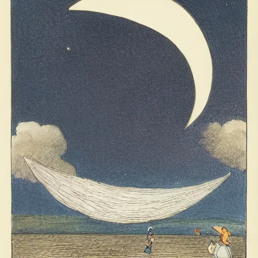 Prompt: crescent moon with man face smiling portrait, side view, surrounded by clouds, illustrated by peggy fortnum and beatrix potter and sir john tenniel