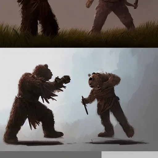 Image similar to a teddy bear priest fights against a Puppet warrior, by greg rutkowski, in the style of magic the gathering, trending on artstation, 4k, very detailed