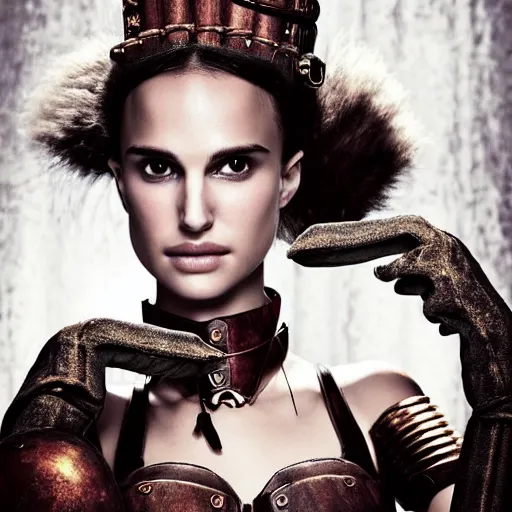 Prompt: head and shoulders portrait of a female knight, young natalie portman, steampunk, vogue fashion photo