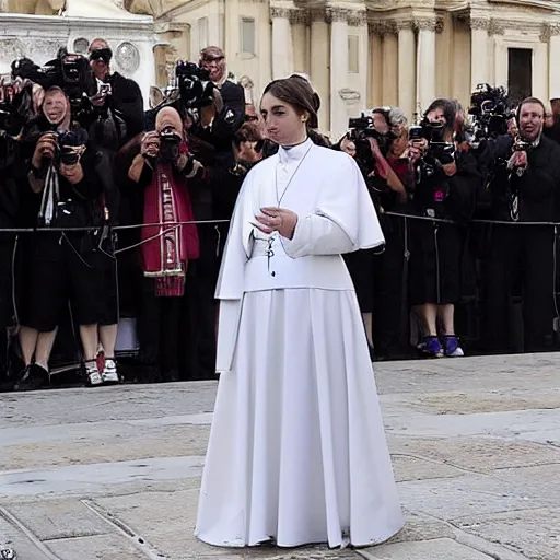 Prompt: A new pope is elected and it is Ana de Armas. She wears the Pope dress and greet the faithful in Piazza San Pietro from the Popemobile