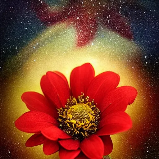 Image similar to Not often, but occasionally. A star is born in a flower. Nestled in a soft bed of pollen and petals it can grow in the most unlikely of places. Just waiting for a lucky creature to find it,night star sky background Galaxys, red and yellow flower by Gediminas Pranckevicius