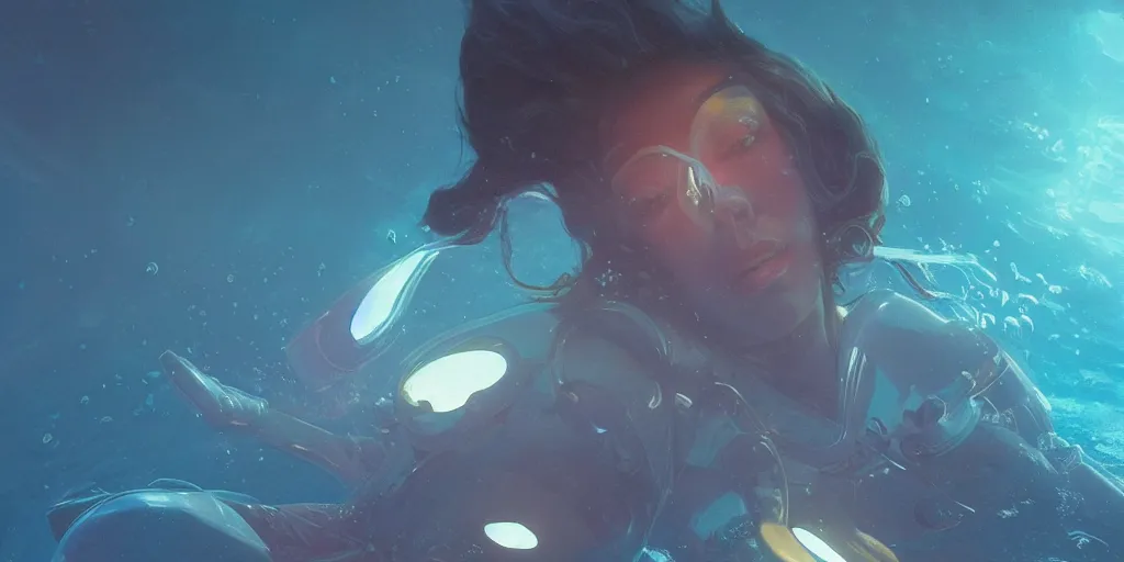 Prompt: dream woman of color astronaut, underwater in the ocean at night, atmospheric, volumetric lighting, glowing lights, 4k, octane, digital painting, artstation, concept art, sharp focus, illustration, art by artgerm and greg rutkowski and alphonse mucha