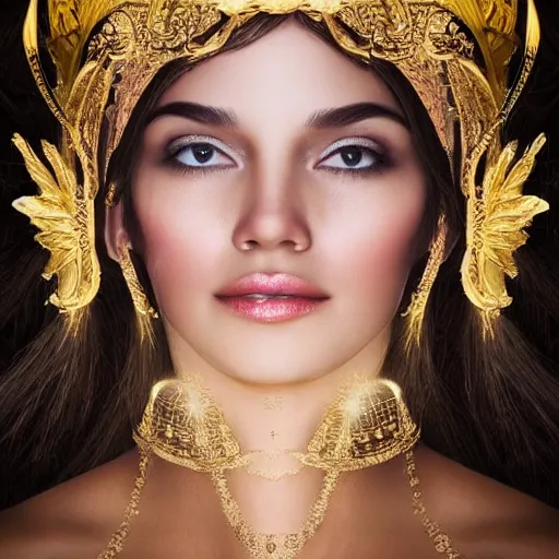 Image similar to glowing goddess with fair skin and beautiful face with gold crown wearing a loose thin white robe