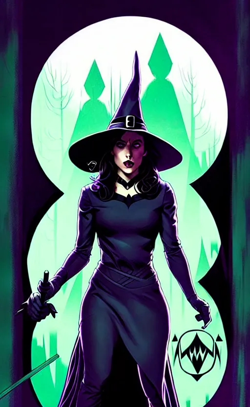 Image similar to rafael albuquerque comic cover art, artgerm, joshua middleton, pretty stella maeve witch doing black magic, serious look, purple dress, symmetrical eyes, symmetrical face, long black hair, full body, werewolf behind eva, twisted evil dark forest in the background, cool colors