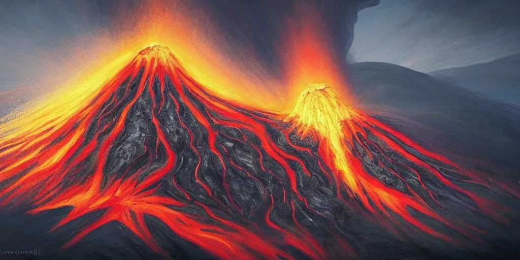 Prompt: a beautiful painting of a volcano erupting, lava sliding down the mountain to a primitive village, wide angle, super highly detailed, professional digital painting, artstation, concept art, smooth, sharp focus, no blur, no dof, extreme illustration, Unreal Engine 5, Photorealism, HD quality, 8k resolution, cinema 4d, 3D, beautiful, cinematic, art by artgerm and greg rutkowski and alphonse mucha and loish and WLOP