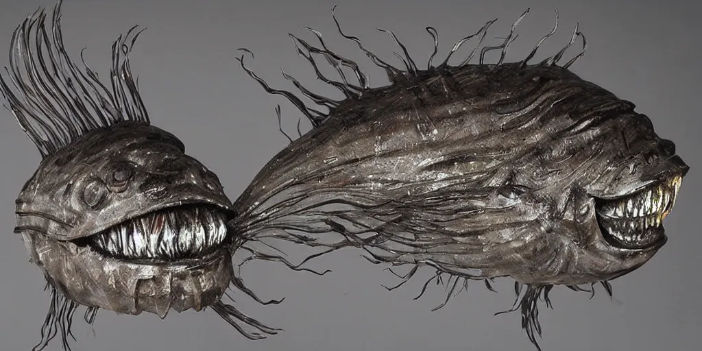 Image similar to angler fish sculpture, stylized layered shapes, long flowing fins, bioluminescent orbs, glowing eye, intricate, highly detailed, lifelike, smooth, sharp focus, art by h r giger