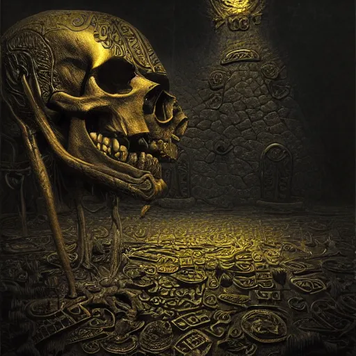 Image similar to a golden runic skull intricately decorated with ancient runic inscriptions and prophecies. dark ominous chiaroscuro baroque still life style. dramatic ray of light, ultra detailed, unreal engine 5 by beksinski, wayne barlowe, billelis. ominous dark background. weirdcore