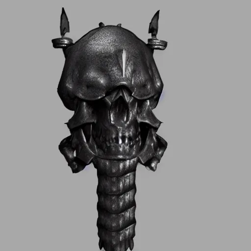 Image similar to a black sword skull handle, ornament, on a gray background, a 3 d render by dom qwek, raytracing, trending on polycount, futurism, hard surface modeling, rendered in maya, artstation hd