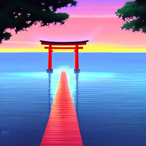 Image similar to torii gate in middle of a lake, digital art, rich vivid colors, ambient lighting, dynamic lighting, 4 k, official media, anime key visual, makoto shinkai, ilya kuvshinov, lois van baarle, rossdraws, detailed, trending on artstation