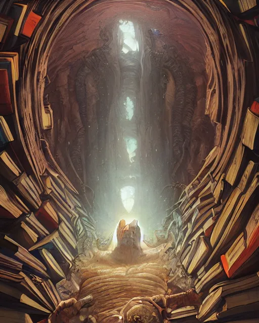 Image similar to highly detailed surreal vfx portrait of a boss monster in a catacomb of books, stephen bliss, unreal engine, greg rutkowski, loish, rhads, beeple, makoto shinkai and lois van baarle, ilya kuvshinov, rossdraws, tom bagshaw, alphonse mucha, global illumination, detailed and intricate environment