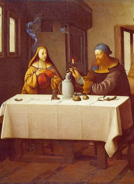 Image similar to a candlelit table at the inn, two people sitting at the table, swirling smoke, dark smoke, realistic, in the style of leonardo da vinci, dutch golden age, amsterdam, medieval painting by jan van eyck, johannes vermeer, florence