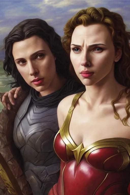 Image similar to A fantasy comic book style Oil Painting portrait of Scarlett Johansson and Gal Gadot, as Atlantean Reptilian Warriors, Mystical Valkyrie, unreal 5, DAZ, hyperrealistic, octane render, Regal, Refined, Detailed Digital Art, RPG portrait, William-Adolphe Bouguereau, Michael Cheval, Walt Disney (1937), François Boucher, Steampunk, Josephine wall, dynamic lighting, Highly Detailed, Cinematic Lighting, Unreal Engine, 8k, HD