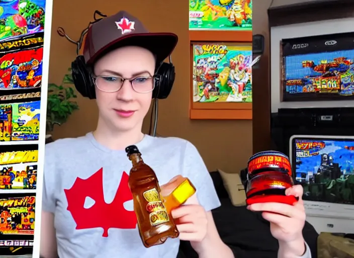 Image similar to retro video game youtuber in front of retro video games with a bottle of canadian maple syrup, eska water bottle, plate of poutine