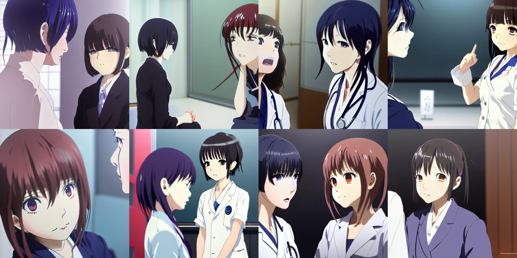 Prompt: anime still film anime shikishi, the female character doctor talking with patient, cute face by ilya kuvshinov yoshinari yoh makoto shinkai katsura masakazu kyoani, dynamic perspective pose super detailed facial features eyebrowless symmetry, gapmoe yandere grimdark, crisp and sharp cel shade ambient light n