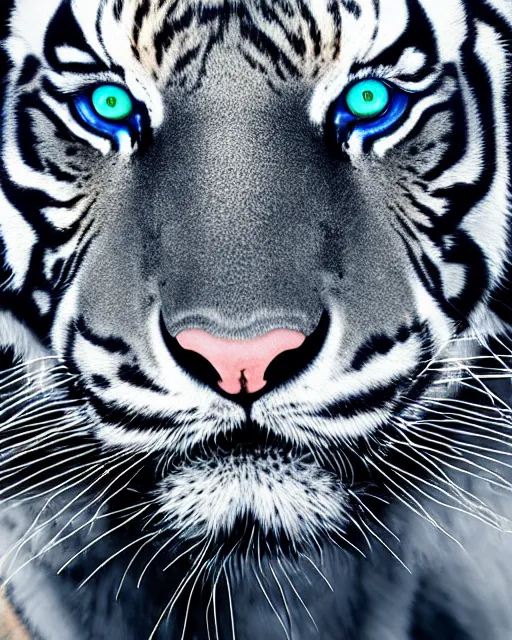 Image similar to natural light, soft focus extreme close up portrait of a tiger with soft synthetic pink skin, blue bioluminescent plastics, smooth shiny metal, elaborate ornate head piece, piercings, skin textures, by annie leibovitz, paul lehr