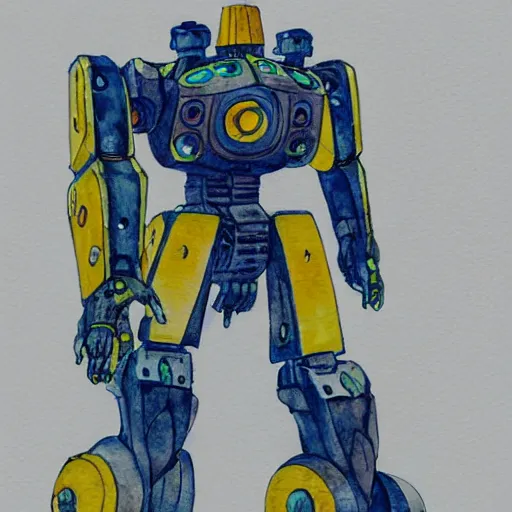 Image similar to an intricate water colour painting of a giant anime robot with rounded and circular parts