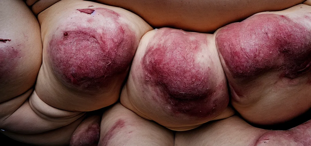 Prompt: a landscape photograph of a view of voluminous rolls of flesh, folds of belly flab, skin, veins, bruises, scabs, warts, acne, highly detailed, very intricate details, wide angle lens, depth of field, even lighting