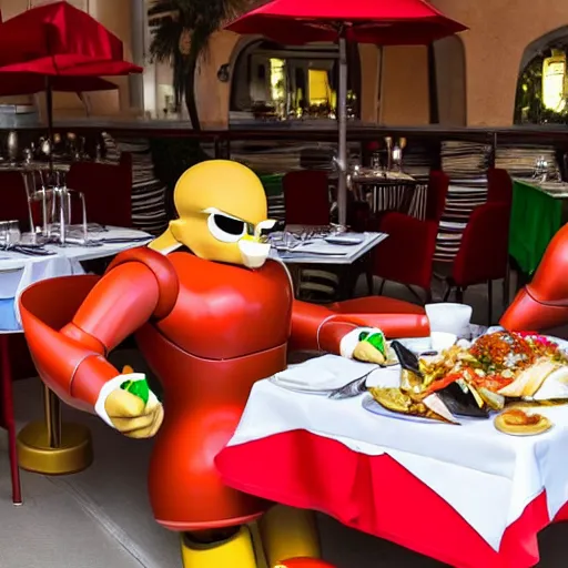 Prompt: dr robotnik eating at an italian restaurant surrounded by robots from sonic