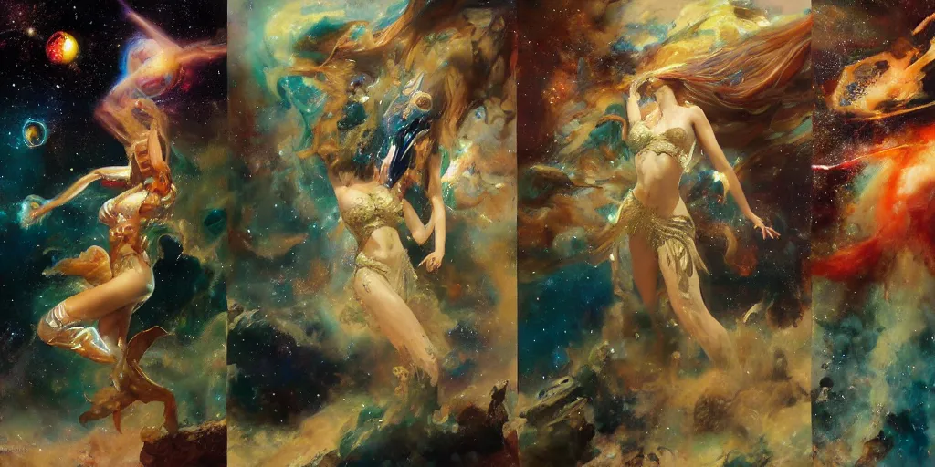 Image similar to supernova, space mermaids in space costumes, stars, painted by steve mccurry, ruan jia, raymond swanland, lawrence alma tadema, zdzislaw beksinski, norman rockwell, jack kirby, tom lovell, alex malveda, greg staples