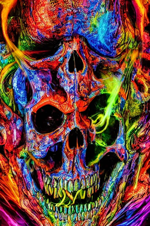 Prompt: 35 mm lens photo of chthonic scull lsd colors with sharp teeth and rgb background smoke, direct sunlight, glowing, vivid, detailed painting, Houdini algorhitmic pattern, by Ross Tran, WLOP, artgerm and James Jean, masterpiece, award winning painting