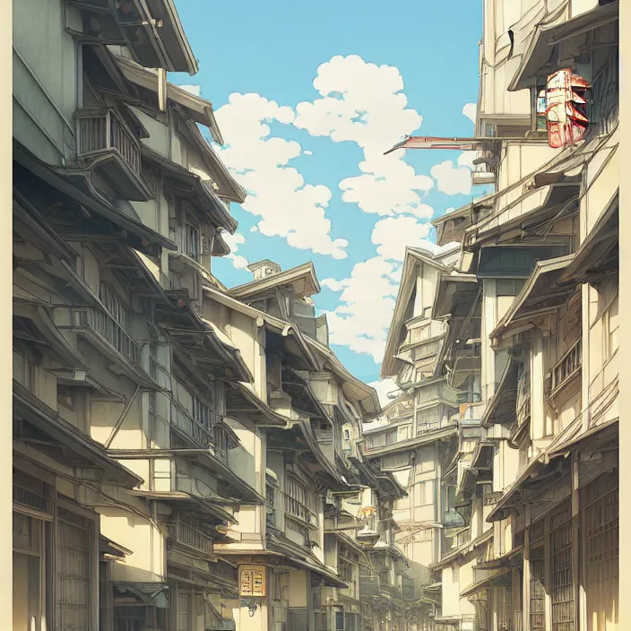 Image similar to empty japanese city, summer, in the style of studio ghibli, j. c. leyendecker, greg rutkowski, artem