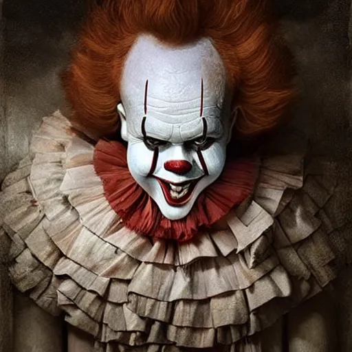 Image similar to michal karcz surrealism painting of pennywise. , horror theme, detailed, elegant, intricate, 4k, Renaissance painting