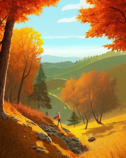 Image similar to autumn hillside boy hiking illustration detailed, by quentin mabille