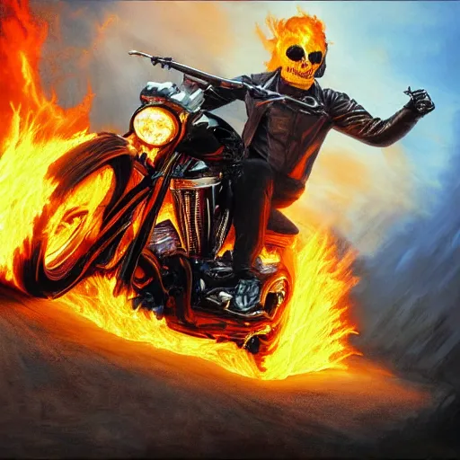 Image similar to Ghost rider oil painting hyper realistic 4K quality