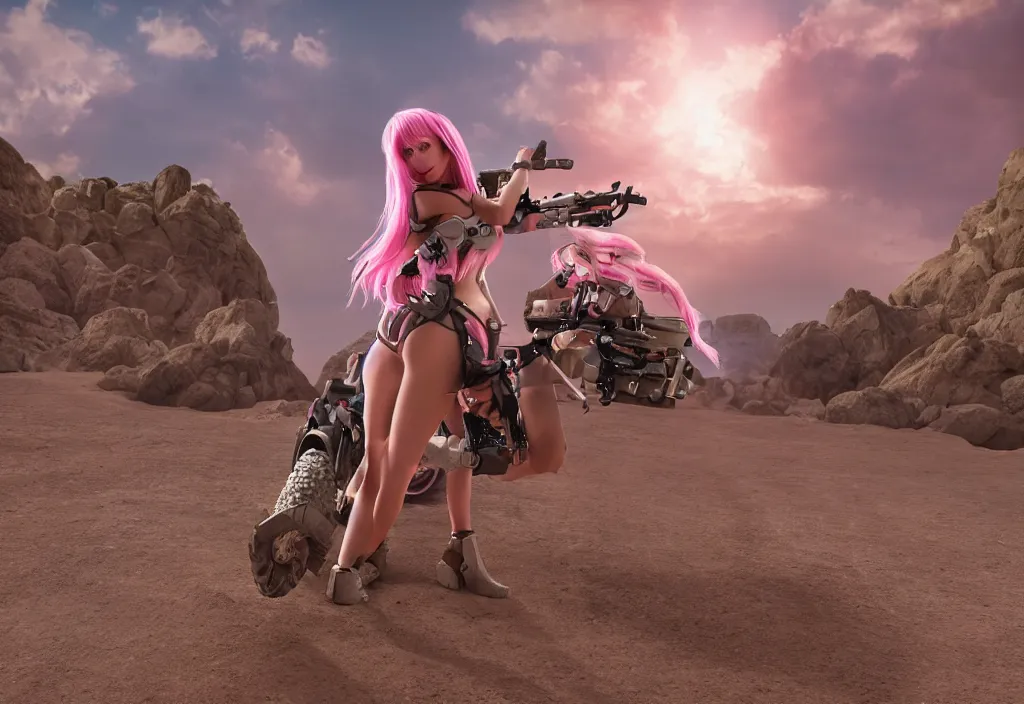 Image similar to cosplay pink haired, tanned colombian, solo female character, light platinum armour, miniskirt, driving military motorbike, in fantasy rocky sand desert landscape, large arched rocks, city lights, depth of field, atmospheric, final fantasy, cinematic, realistic, stylised, unreal engine, lumen, realistic,