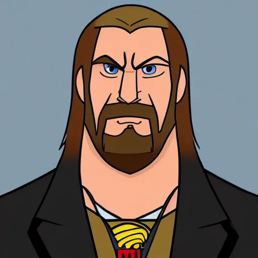 Image similar to Head-to-shoulder shot of Triple H as a Disney character wearing his in-ring gear, Disney, cartoon, Disney style, 2d, drawn image, beautifully drawn, Disney 2d animation still, digital 2D animation, traditional animation, Disney style, Disney animation, Deviantart, very coherent symmetrical artwork