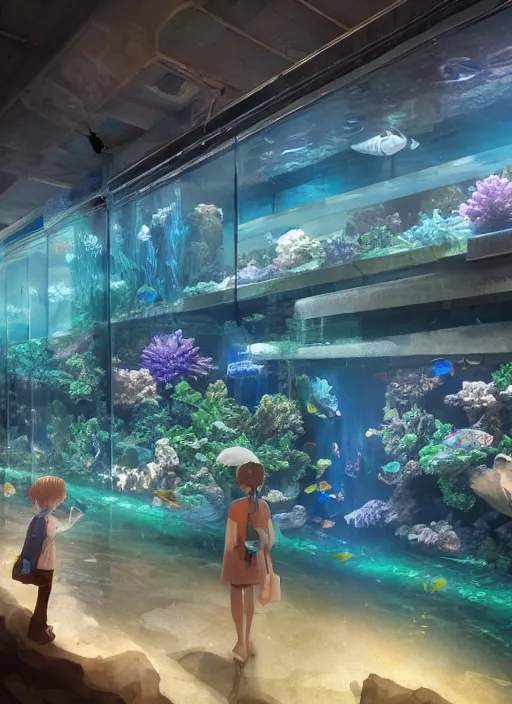 Image similar to fantastic space. aquarium underwater corridor. people observing lots of clear fish. water droplets, highly detailed, artstation trend, highly detailed and intricate, studio ghibli, makoto shinkai, no blur, photography, unreal engine 5