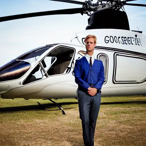 Prompt: blond male doctor in front of helicopter, epic lighting