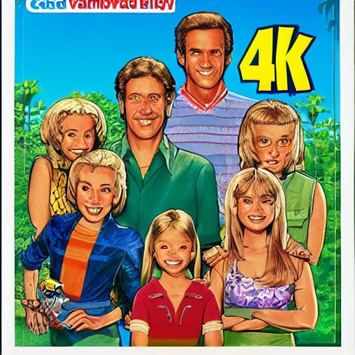 Prompt: video game box art of a commodore 6 4 game called the brady bunch family vacation, 4 k, highly detailed cover art.