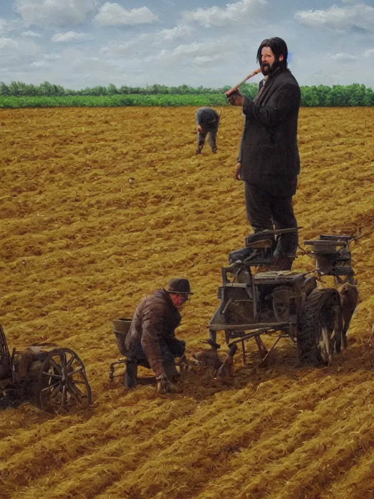 Prompt: portrait of john wick farming potatoes in the field, oil painting