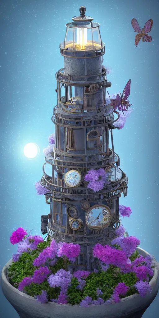 Prompt: steampunk lighthouse, blue and pink bonsai tree, inside a marble, hourglass, flower garden, intricate detail, hyper detailed, ultra realistic, sharp focus, octane render, lantern candle, butterfly, volumetric, ray tracing, artstation trending, moon,, fairy cgsociety, sense of awe, swirling mist, 4 k