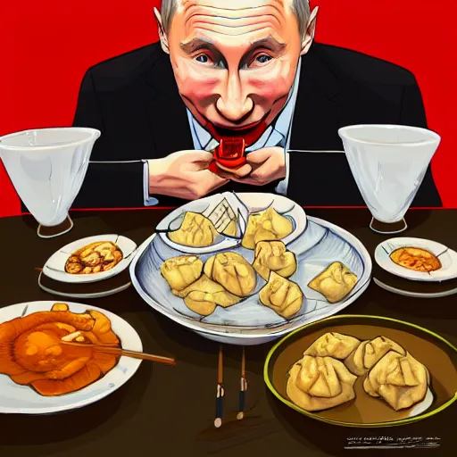 Image similar to happy putin eats dumplings, concept art, trending on artstation, highly detailed, intricate, sharp focus, digital art, 8 k