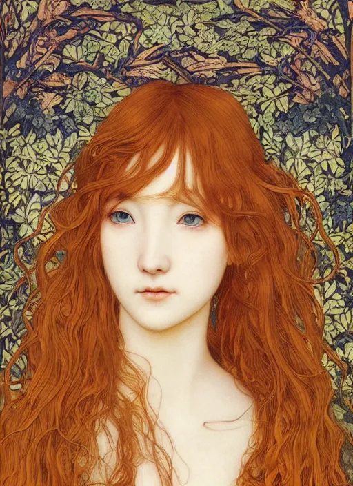 Image similar to masterpiece beautiful seductive flowing curves preraphaelite face portrait photography, miho hirano, extreme close up shot, straight bangs, thick set features, yellow ochre ornate medieval dress, amongst foliage mushroom forest circle arch, william morris and kilian eng and mucha, framed, 4 k
