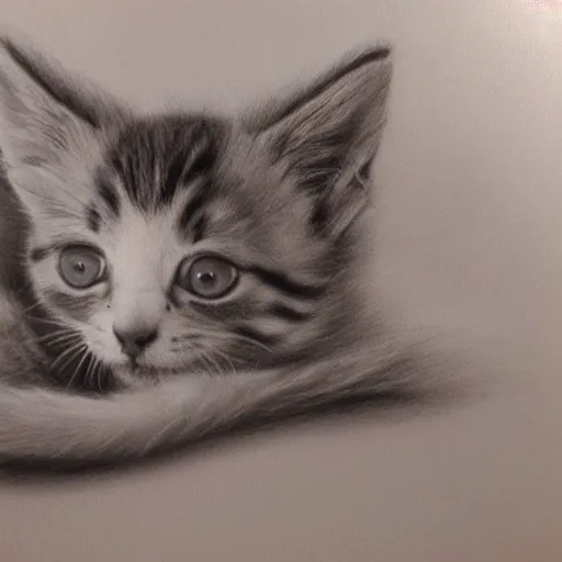 Image similar to a pencil drawing of a kitten, by paul cadden