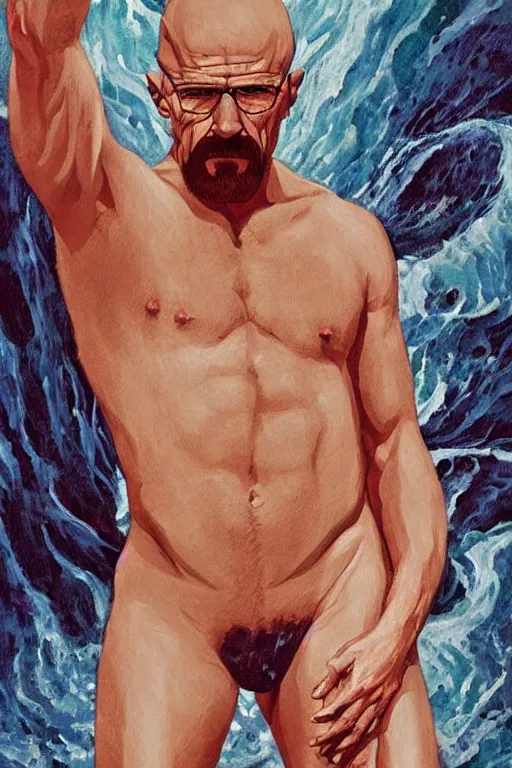 Prompt: a dramatic, epic, ethereal painting of a handsome shirtless walter white | background is a torrential flooding river | tarot!! card, art deco, art nouveau | by Mark Maggiori | trending on artstation