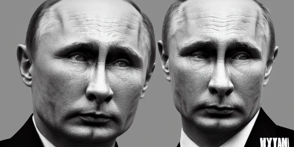 Image similar to putin in the style of a cover made by waya steurbaut, high resolution film render 100k, photo realistic