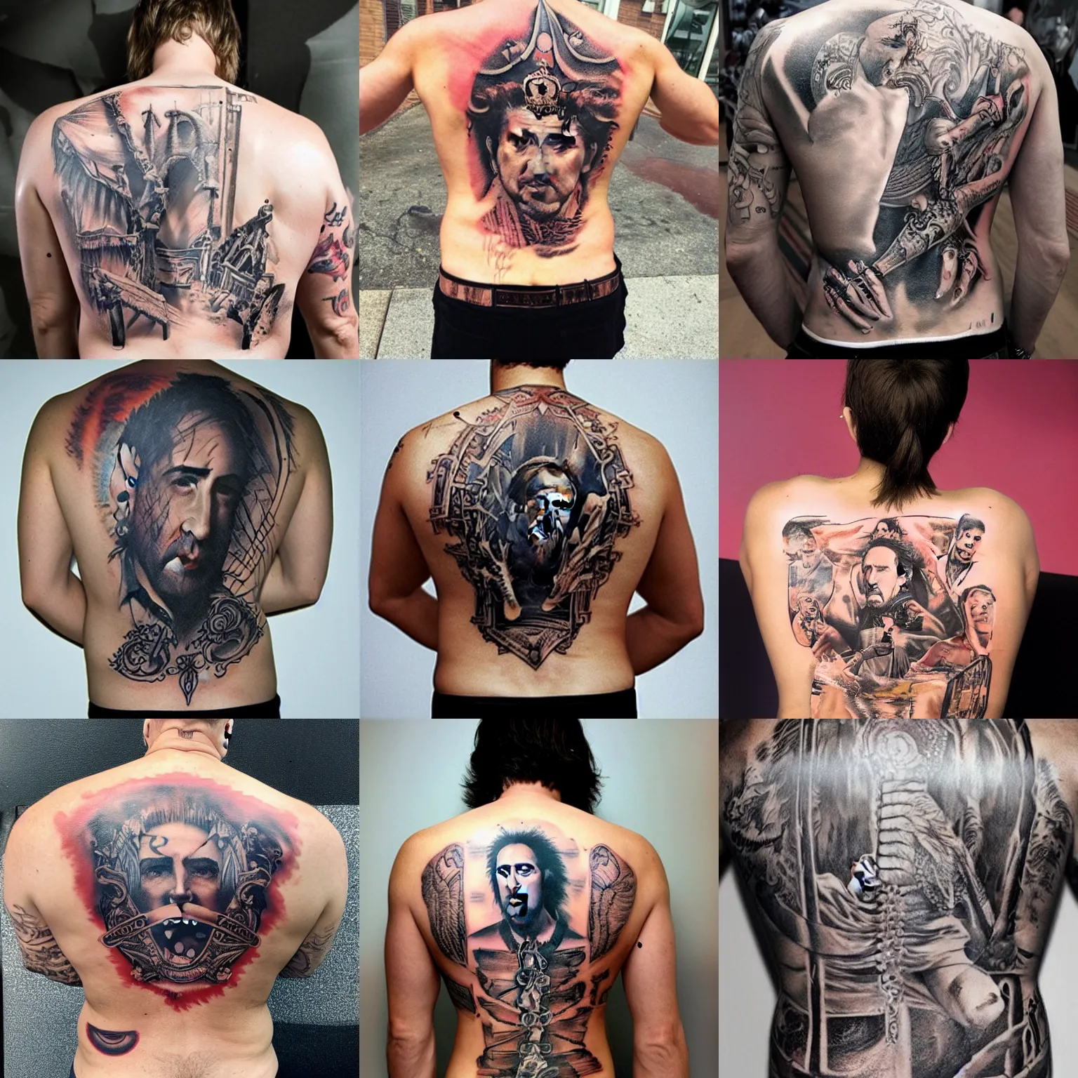 Prompt: Back tattoo of Nicolas Cage, photograph