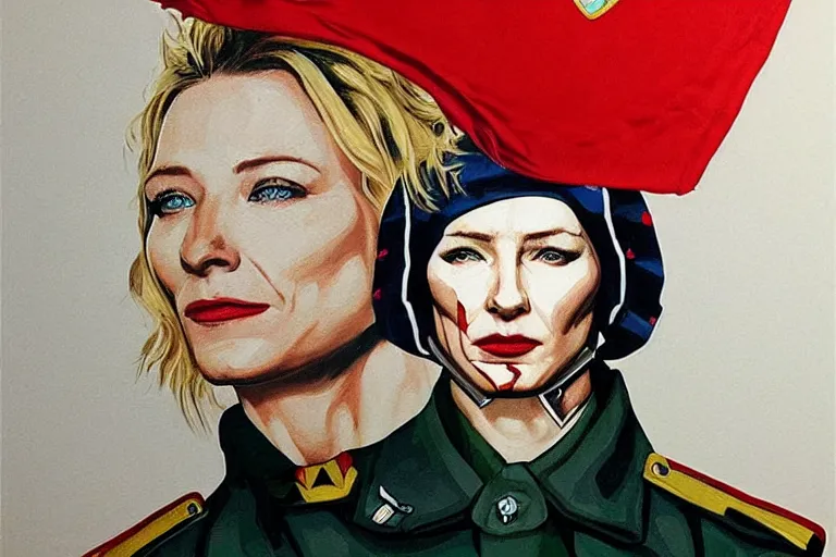 Prompt: cate blanchett as a sad female soviet soldier, art by Sandra Chevrier