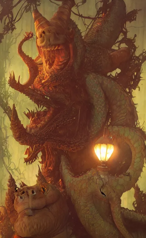 Image similar to shrek dragon gorgeous lighting by weta studio, mucha, bautista and norman rockwell and greg rutkowski and tom bagshaw and james gurney and lucasfilm