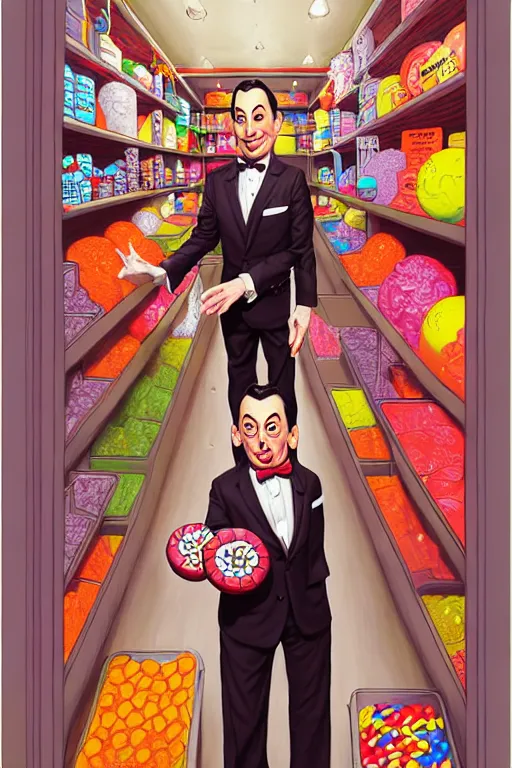 Prompt: pee - wee herman in a candy store, by andreas rocha