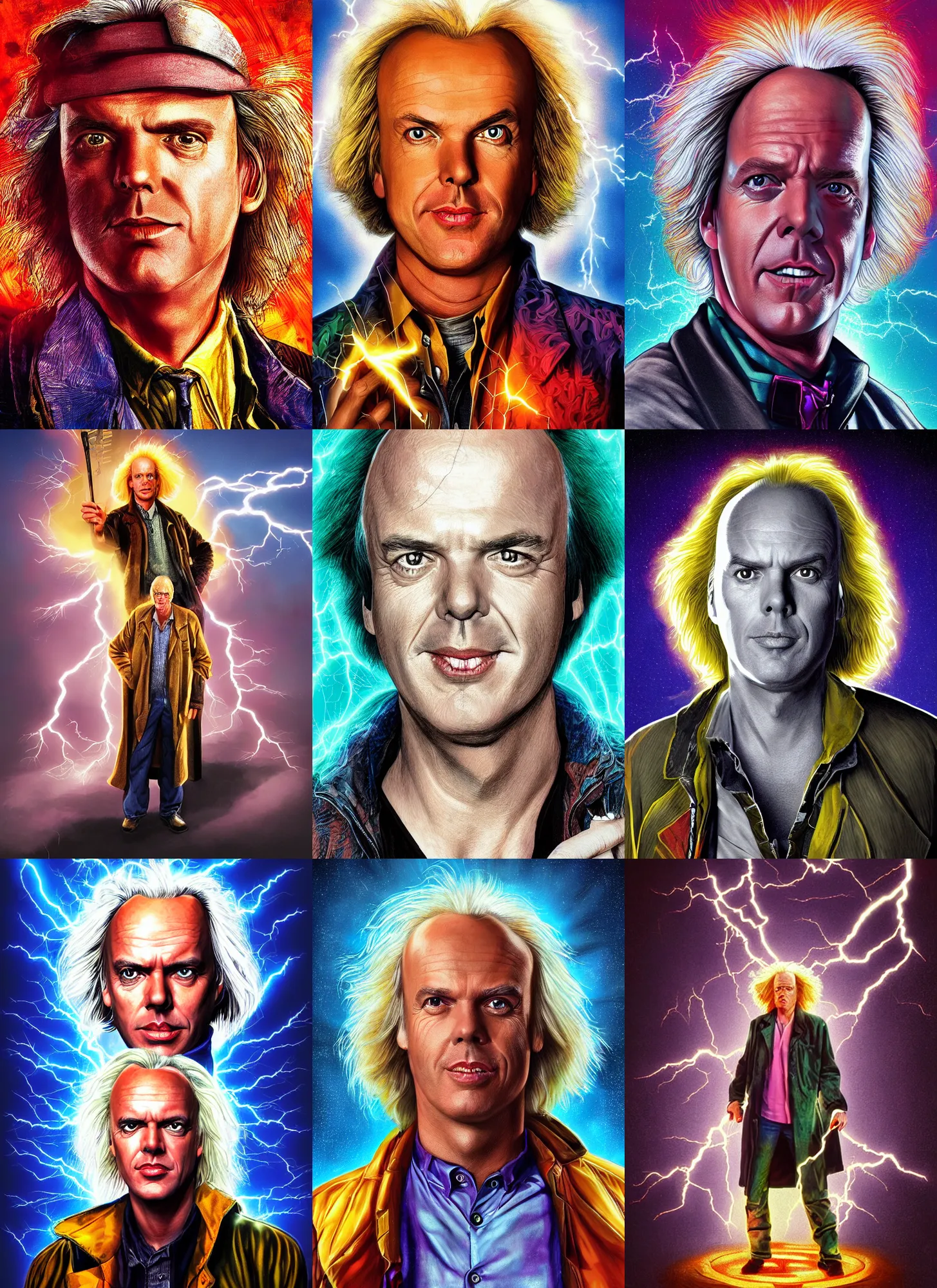 Prompt: portrait of michael keaton as doc brown, lightning background, digital art by tom chambers, vibrant color scheme, intricately detailed, cinematic, artstation,