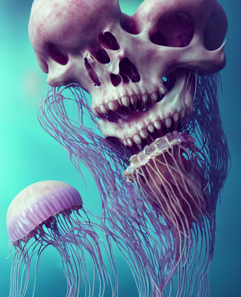 Image similar to goddess close - up portrait human skeleton, ram skull, jellyfish, orchid, betta fish, bioluminiscent, intricate artwork by tooth wu and wlop and beeple. octane render, trending on artstation, greg rutkowski very coherent symmetrical artwork. cinematic, hyper realism, high detail, octane render, 8 k