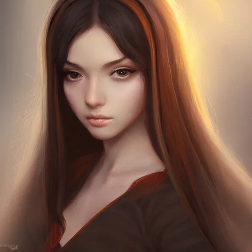 Image similar to teen girl, long black hair, gorgeous round face, brown pollover, amazing, elegant, intricate, highly detailed, digital painting, artstation, concept art, sharp focus, illustration, art by ross tran